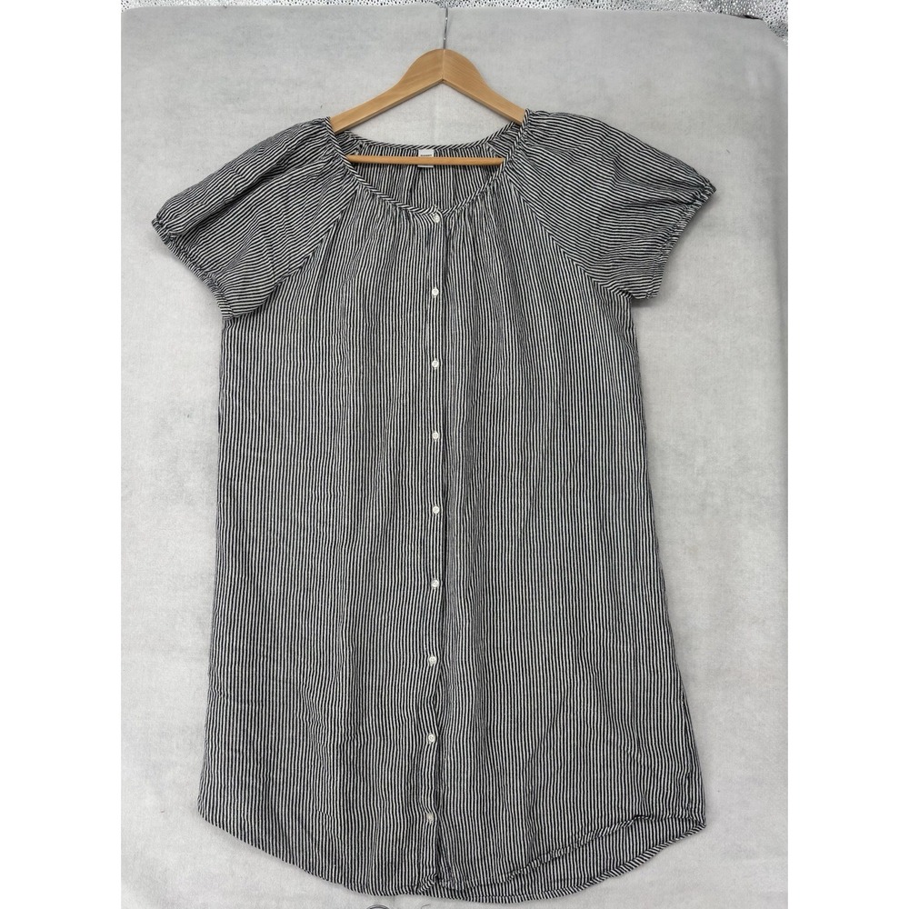 Old Navy Blue/ White Stripes Button Up Sh/SL Linen Blend Peasant Dress